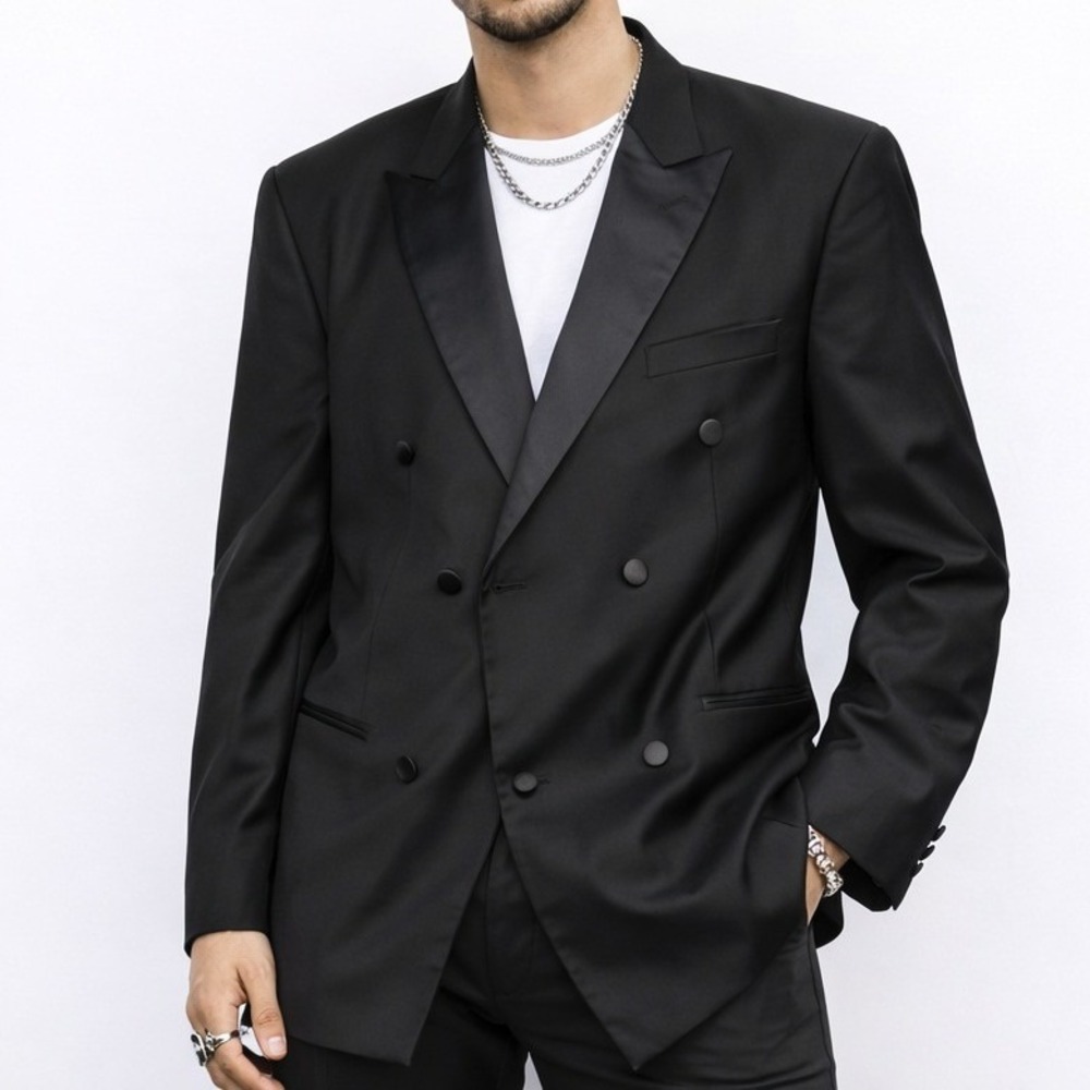 Statement Tuxedo Jacket Men 52R Black Double Breasted Super 150s Wool Peak Lapel